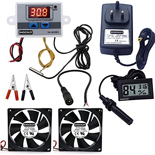 Image of Shockley XH-W3001-50 to 110c Intelligent Digital Thermostat Temperature Controller Combo XH-W3001 (12V Without Direct Output) + 12V 2AMP Adapter + 2 Fan + Alligator Clips + DC Jack + Hygrometer FY-11