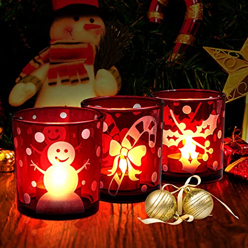 HOMMAX Weihnachten Teelichthalter, 3 er Set Windlicht Schneemann-Muster aus Glas, 7x7x8 cm Kerzenhalter,Kreatives Dekoration für Zuhause, Esstisch und Bar, Platz, Weihnachten Cover