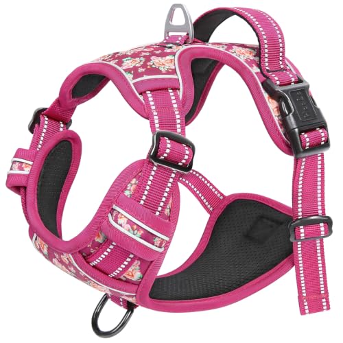 Image of HEELE No Pull Large Dog Harness, Soft Breathable Padded Vest, Flower Rose L | Reflective Front Clip Vest with Control Handle, No Choke, Adjustable 2 Metal Rings for Outdoor Walking Training
