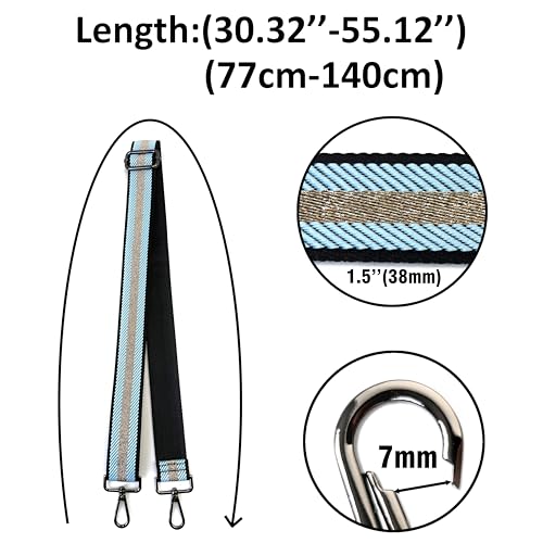 Image of Light Blue and Gold Thread Stripe Webbing Purse Strap with Gunmetal Black Hardware 1-1 /2 Inch Wide Replacement Crossbody Guitar Style Adjustable Shoulder Strap for Handbags Totes