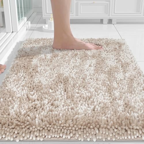 Image of Yimobra Chenille Bathroom Rugs Non Slip, Extra Thick Soft Absorbent Bath Rug, Machine Washable Quick Dry Bath Mat for Bathroom Floor, Tub and Shower, Home Decor Accessories, 24x17, Khaki