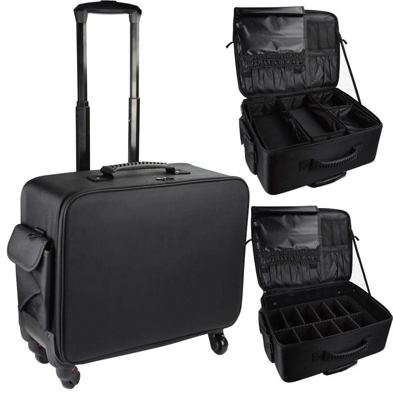 Image of Professional Train Case Hardside Vanity Jumbo Makeup Artist Rolling Trolley Beauty Makeup Cosmetic Trolley Hairstylist Travel Organizer Bag - 360 Wheels - Expendable Handle (8516 /XXXL /Trolley)