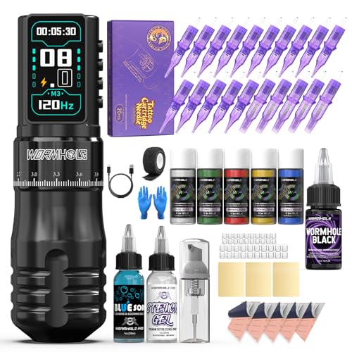 Wormhole Tattoo Gun Kit, Wireless Adjustable Tattoo Machine with 2300mAh Battery, Skin Friendly Tattoo Ink, Aluminum Alloy Tattoo Pen Rotary Gun, Complete Professional Tattoo Kit for Artists - Black
