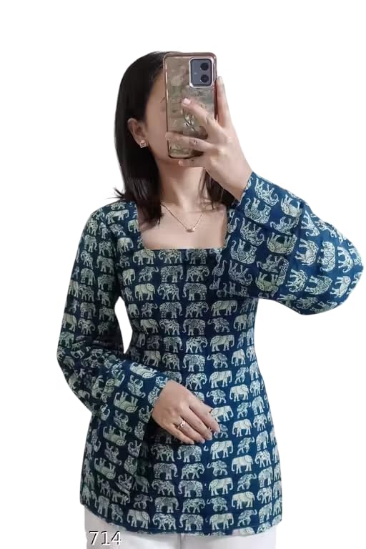 Women's Indigo Blue Elephant Print Tunic Top, Square Neck, Long Balloon Sleeves, Lace-Up Back-picture-53