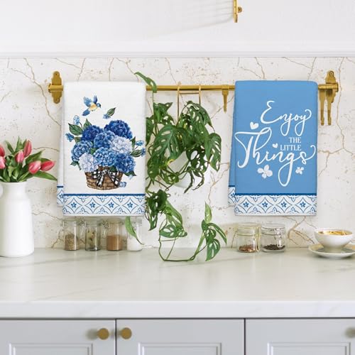 Image of Summer Blue Hydrangea Floral Kitchen Towels, Elegant Birds Dish Towels Set of 2, Spring Flowers Farmhouse 18 x 26 Inch Hand Towel Quick Drying Dishcloth Decor for Kitchen Bathroom Home