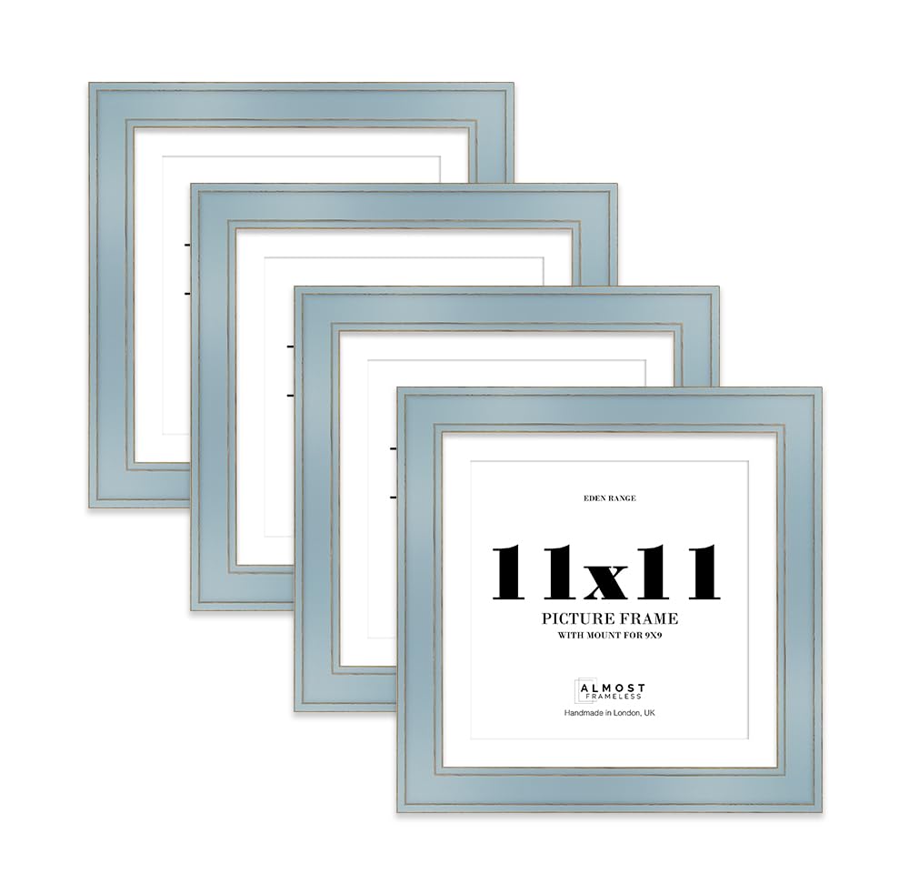 11x11" Cornflower Blue Square Picture Frame with 9x9" Mount - Shabby Chic Photo Frame with Distressed Finish, Gold Trim, Wall Hooks and Kickstand, 37mm Edge - 4 Pack