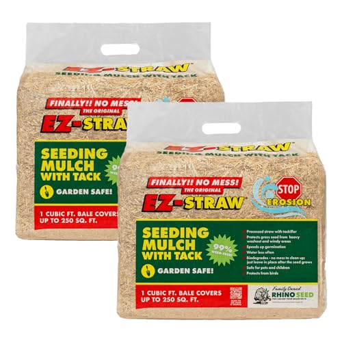 EZ Straw - Rhino Seed Straw 1 Cubic Foot Seeding Mulch Premium Processed Straw Bale with Tackifier and 250 Square Feet of Coverage (Pack of 2)