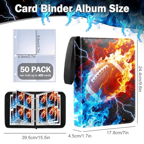 Image of Football Card Binder 4 Pockets Sports Card Binder Holds 400 Cards with 50 Removable Double Sleeves, Portable PU Zipper Trading Card Album, Fits TCG Collectors Boys Girls Gift