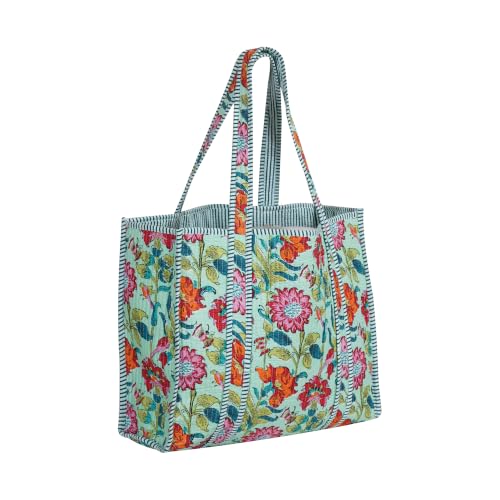 Image of Cotton Tiger Block Print Tote Bag, Indian Handmade Shopping Shoulder Bag, Unisex Market Daily Use