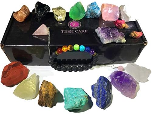 Chakra Therapy Collection(Small) 17 pcs healing crystal kit, 7 Raw Chakra stones,7 Colorful Gemstones,Amethyst,Rose quartz Pendulum, Chakra lava bracelet, Dry Roses, Guide, COA, Best value, Gift ready