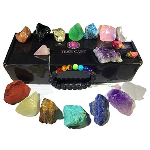 TESH CARE Chakra Therapy Starter Collection 17 pcs Healing Crystals kit, 7 Raw Chakra Stones,7 Colorful Gemstones, Amethyst,Rose Quartz Pendulum,Chakra Lava Bracelet,Dry Roses,Guide,COA,Gift Ready