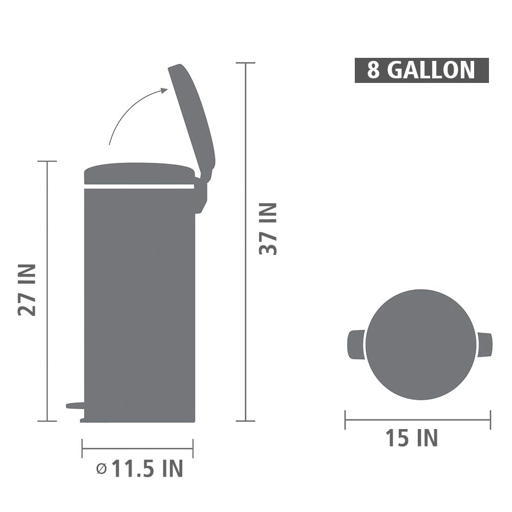 Brabantia Step Trash Soft Closing Kitchen Garbage/Recycling Can with Removable Bucket, 8 Gal, Matt Steel Fingerprint Proof