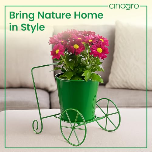 Image of CINAGRO Metal Wagon Planter, Green Pram Rickshaw-Shaped Metal Plant Stand for Indoor & Outdoor Use, 2 Wheel Pot Stand, Flower Vase, Decorative Iron Pot Holder for Flowers & Ornaments, 27 x 13 x 21 cm