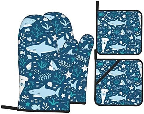 Cute Blue Fish Heat Insulation Oven Mitts and Pot Cover Pad,4-Piece Set,for Cooking Baking Grilling