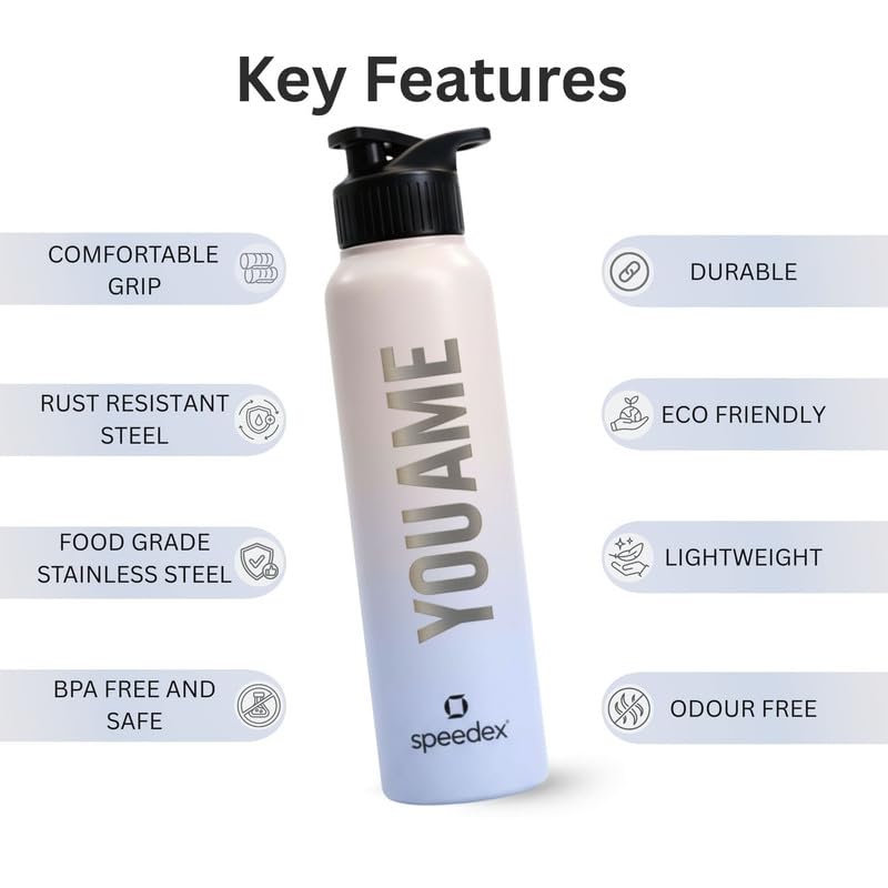 Image of Speedex Customised Stainless Steel Water Bottle 1 Ltr with Name - Personalised Engraved Sipper Cap Bottle for Kids, Men & Women, School, Gym, Office Pink Blue, Set of 1