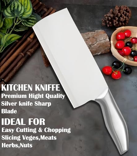 Image of PINBO Premium Stainless Steel Meat Cleaver Knife | Heavy Duty Sharp Blade for Meat, Chicken, Bone & Vegetables | Full Stainless Steel Handle Kitchen Knife for Chopping & Cutting (1 Pc)