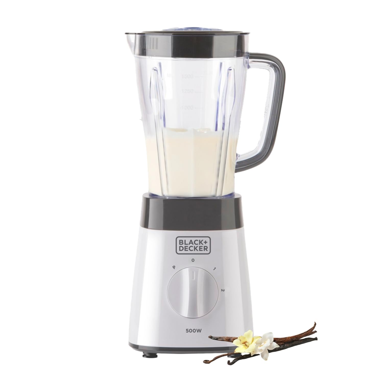BLACK+DECKER BXJB500E - Blender mixeur 500W, bol en plastique 1.5L, 2 vitesses + Pulse, 4 lames en acier inoxydable, blanc et gris