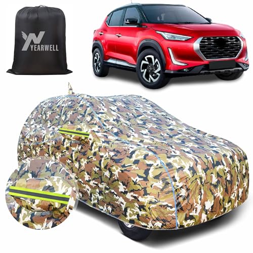 Image of Car Body Cover for Nissan Magnite, 100% Waterproof with Mirror & Antenna Pockets, Military Print Design, UV & Dust Protection, Triple Stitched, Sky Piping & Reflector (Jungle Print)
