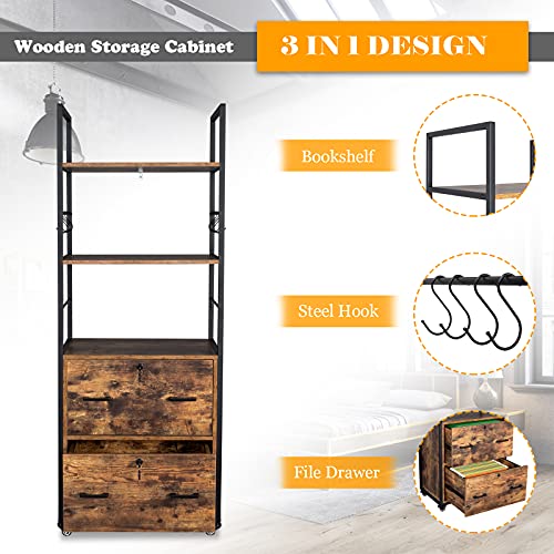 Vingli 2 Drawer File Cabinet With Lock For Hanging Letter/Legal Size Folders Labeled, Rolling File Cabinets For Home Office, Wood Rustic Brown Lateral Filing Cabinet With Shelves And Levelers Optional #TOP2