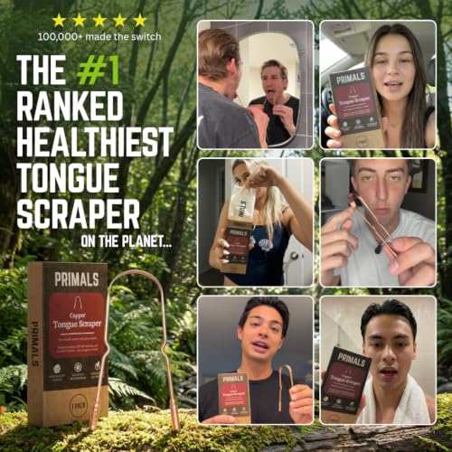 Image of PRIMALS Copper Tongue Scraper - Fresher Breath & Improved Oral Health - Natural Ayurvedic Cleaner for Daily Detox - Rust-Resistant, Eco-Friendly with Travel Cloth Pouch Included (1 Count)