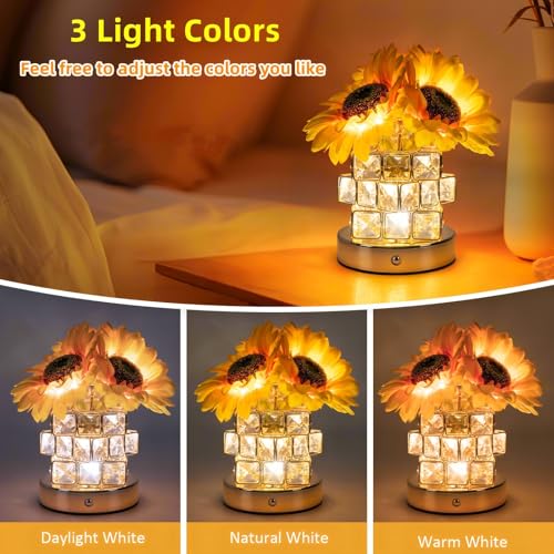 Image of Sunflowers Flower Lamp Cordless Touch Night Light Birthday Gifts for Women | Rechargeable Small Bedside Lamp,3-Colour Stepless Dimming Crystal Flower Table Lamps for Living Room Bedroom Decor Gift