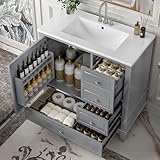 Siemd 36" Bathroom Vanity with Ceramic Sink and Solid Wood Frame & Legs, Bathroom Storage Cabinet with Drawers and Single-Door Cabinet, Soft-Close Hinges, Shelves, Gray, (Faucet Not Included)