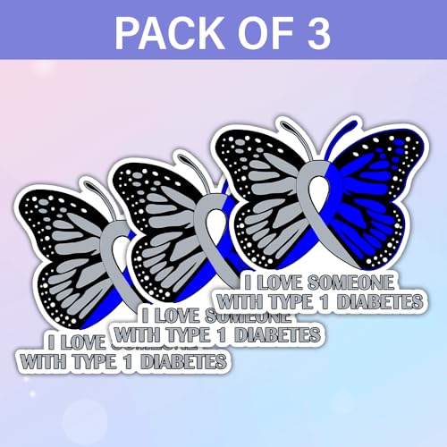 Image of SODAVA 3Pcs I Love Someone with Type 1 Diabetes Sticker, T1D Diabetes Awareness Blue Gray Ribbon Butterfly Stickers for Laptop Water Bottle Phone Accessory Boat Car Bumper Window Helmet, Sticker