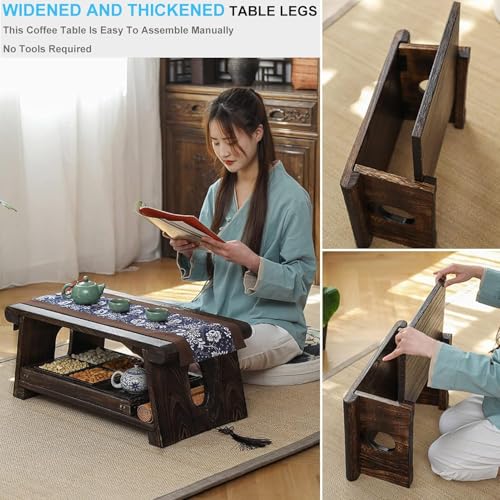 Image of 70 cm Long Japanese Meditation Tea /Coffee Table for Living Room, Balcony, Bedroom, Mid-Century Modern Solid Wood Low Height Floor Coffee Table. (70 x 34 x 28cm)