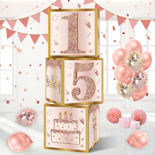 Image of Guiruiy 3Pcs 15th Birthday Decorations Boxes for Girls, Pink Rose Gold Sweet 15th Birthday Balloons Boxes Party Supplies, Pink Fifteen Year Old Birthday Theme Cardboard Box Decor