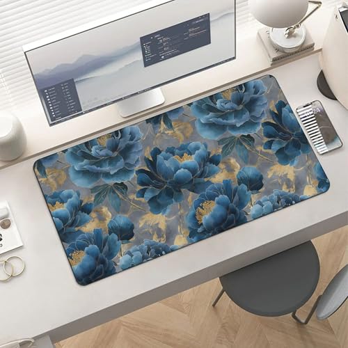 Image of Floral Retro Blue Extended Gaming Mouse Pad, with Stitched Edges Large Mouse Pad Desk Protector, Rubber Base Mousepad Keyboard Mouses Mat for Work Game Office Home- 32 inch X 16 inch Inch
