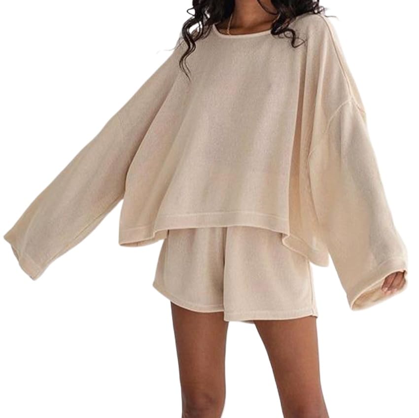 Women's oversized long sleeved shorts aesthetic sleepwear casual sports cotton set