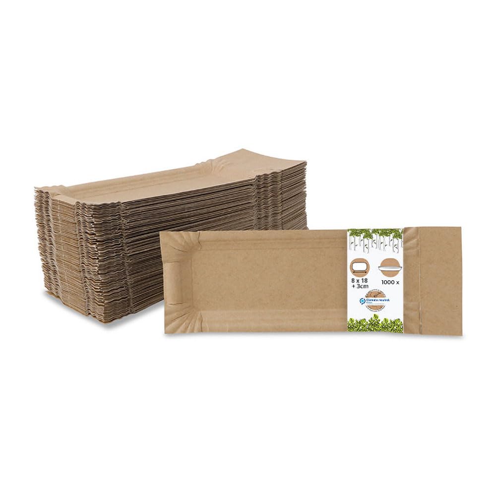 BIOZOYG Piatti di carta con supporto a strappo rettangolare I 8x18+3cm a strappo I Piatti da merenda marroni in cartone riciclato per patatine salsiccia ecc I riciclabili - 1000 vassoietti