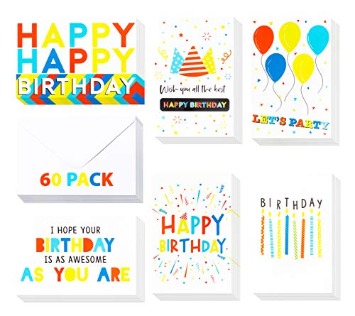 【60 Pack】 Birthday Cards - Birthday Greeting Cards in Joyful Colors - Bulk Birthday Cards - Birthday Cards For Kids, Birthday Cards for Boys, Girls, Mom, Dad, Friends -Include 60 Envelopes- 4 x 6 Inch