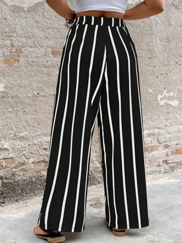 Image of Acelitt Women Casual Drawstring Elastic Waist Striped Wide Leg Pants with Pockets, S-XXL