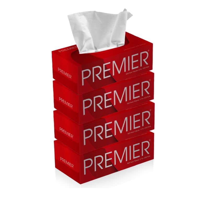 Image of Premier Box Tissue Paper 2 Ply | 800 Pulls, 1600 Sheets | 200 pulls x 4 Packs | Super Absorbent Soft Facial Tissue Box | Suitable for Home, Office, Travelling | Car Tissue Box - Red