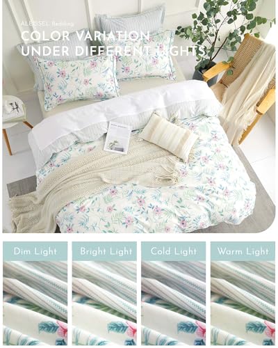 ALEISSEL Fresh White & Aqua Botanical Cotton Duvet Cover Set Queen Size 3PC — view 6
