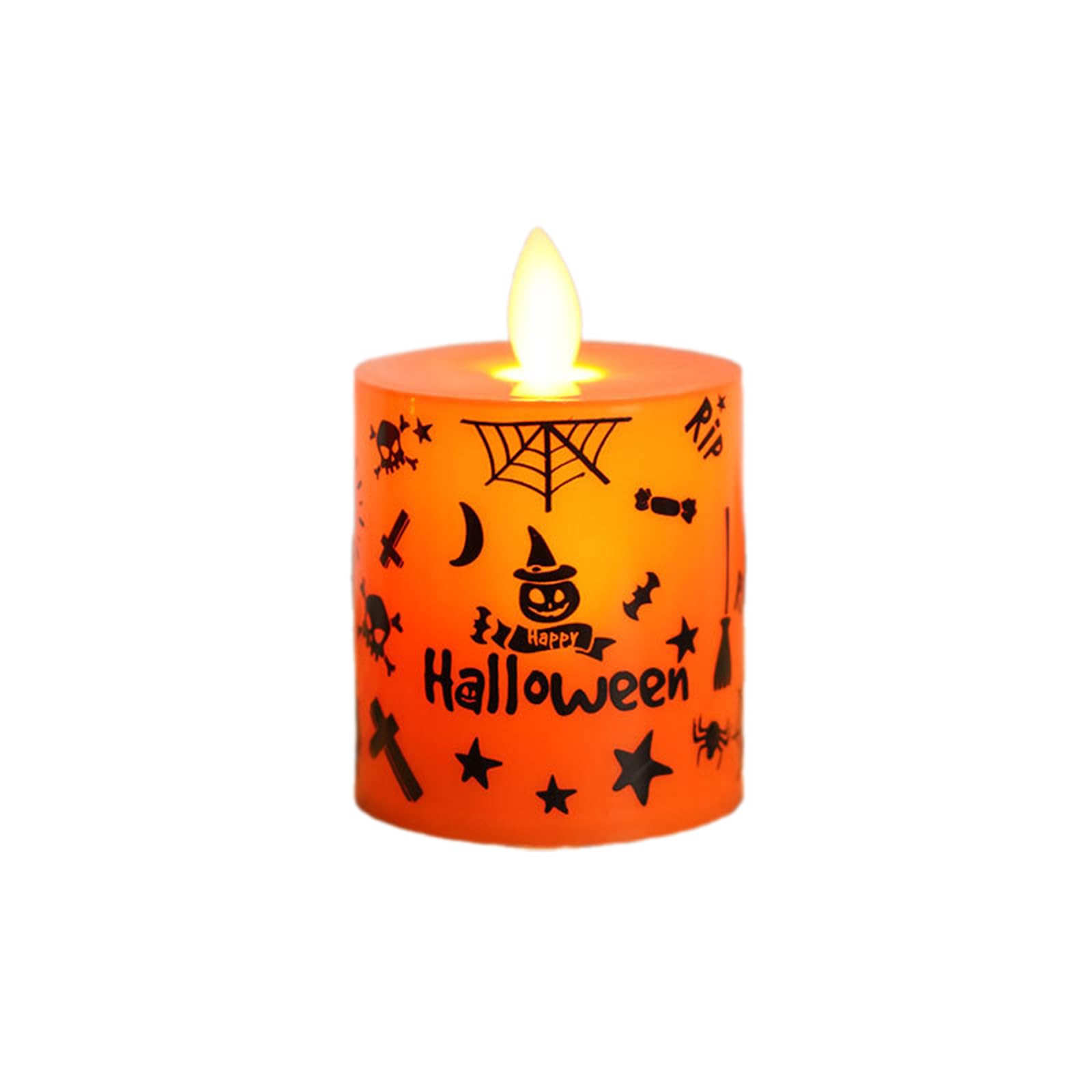 1 Pc Halloween Orange Flameless Candles Battery Operated Wax Candles Graffiti Pattern Electronic Battery Light Flickering Flame LED Electronic Candle Light for Halloween Decor, Day of The Dead, S