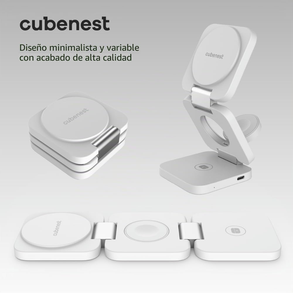 CubeNest Cargador inalámbrico magnético plegable 3 en 1 E310, compatible con MagSafe, compatible con iPhone 12/13/14/15, Apple Watch & AirPods | rotación de 360°, función de carga rápida de 20 W |