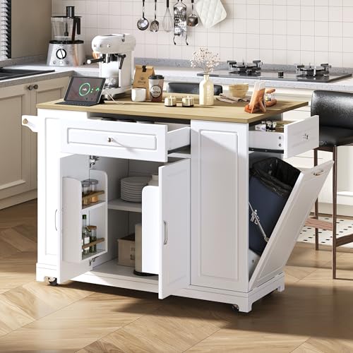 Idemon Comedor extensible con ruedas Isla de cocina con cajones multifuncionales y compartimento para basura, perfecto para cocina y comedor (blanco)
