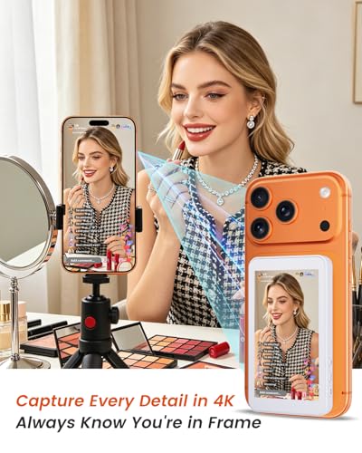 Image of Vlog Selfie Monitor Screen for iPhone & Android, Audio Sync Built-in Speaker, Wireless Magnetic Phone Back Camera Monitor with Remote Control for Selfie Vlog Live Stream TikTok (White)