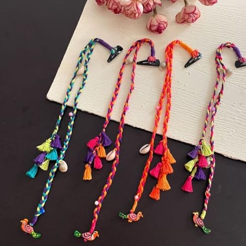 Image of Colorful Boho Hair Extensions with Cowrie Shells & Beads - Handmade Cotton Thread Braids with Wooden Charms for Girls & Women (Set of 3)