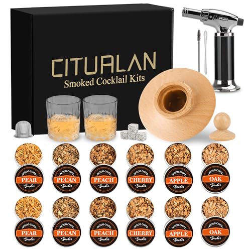 23Pcs Whiskey Smoker Kit with Torch & 6 Wood Chip Flavors,2 Whiskey Glasses, Bourbon,Cocktail Smoker Infuser Kit, Old Fashioned Drink Smoker Kit, Whiskey Valentine's Day Gift for Men, Husband, Him