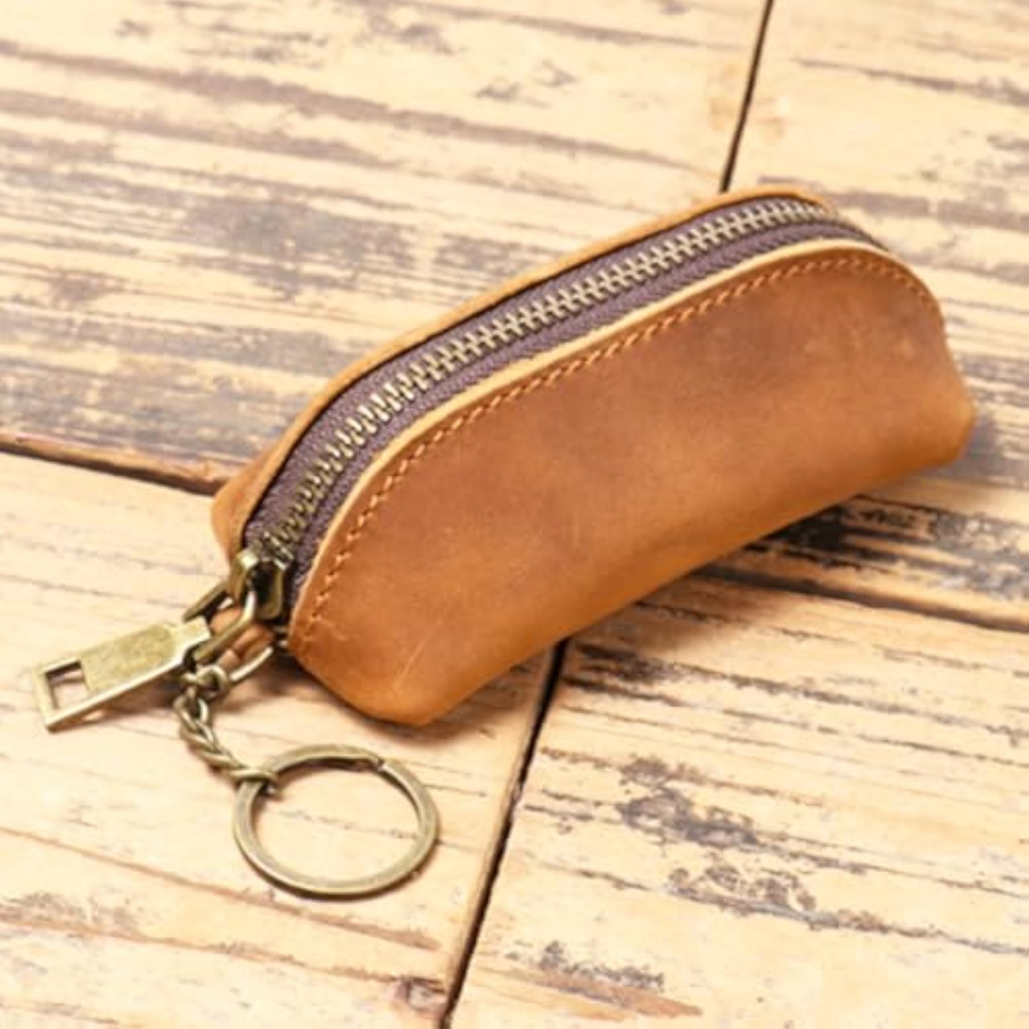 Genuine Leather Zipper Coin Pouch, Brown