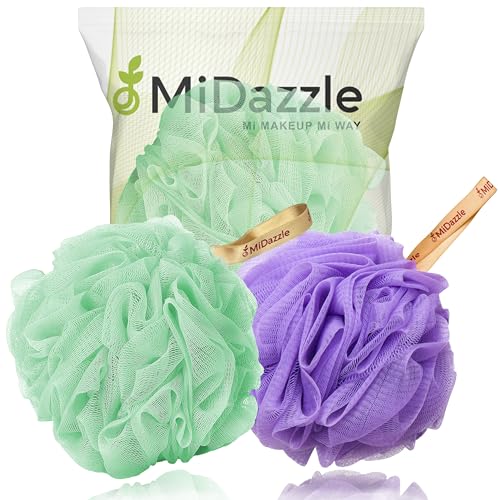 Image of Midazzle Luxury Bathing Loofah Sponge Exfoliator Scrubber for High Lather Cleansing (Pack of 2, Purple & Green)