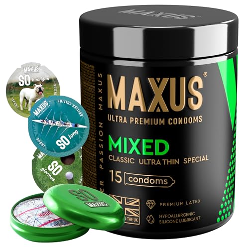 MAXUS Mixed, 15 Lubricated Condoms for Men: Ultra-Thin, Classic, Dotted & Ribbed, Regular Fit, Natural Latex, Easy-On Shape, Premium Quality, Includes Stylish Metal Case, Pack of 15