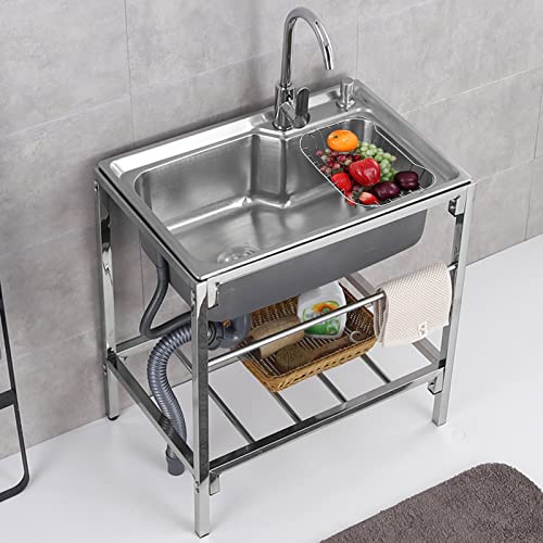 Lavello Cucina Commerciale TAITUTE Mobile Lavello Acciaio Inox Con Supporto 1 Vasca Inossidabile Con Rubinetto Acqua Calda E Fredda Per Garage Ristorante Lavanderia Interni Ed Esterni,71x45x75cm
