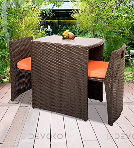 DEVOKO 3-Piece Bistro Rattan Wicker Conversation Chair Set with Coffee Table for Front Porch, Balcony, Garden,Backyard (Dark Brown & Orange)
