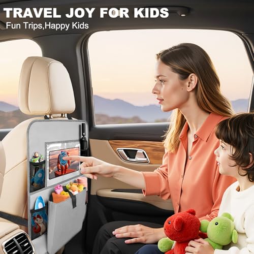 Image of Car Backseat Organizer with Tablet Holder, 6 Storage Pockets Seat Back Protectors Kick Mats for Kids, Car Seat Protector for Road Trips 2 Pack (Grey)