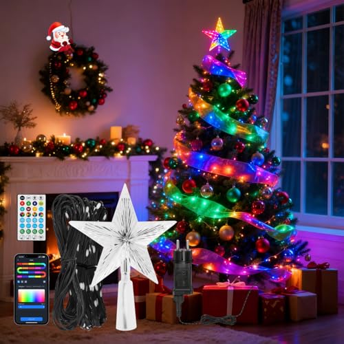 Aigostar RGBIC Guirlanda de Luzes Exterior e Interior com Estrela de Árvore de Natal - 8M 50 LED Guirlandas de Luzes com Ficha, 39 Modos, Música, DIY, App, IP44 para Decoração de Halloween e Natal