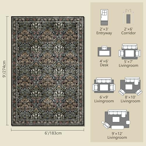Image of Traditional Design Vintage Floral Area Rug 6 x 9,Washable Area Rugs - Perfect for Living Room, Bedroom, Pet & Child Friendly, Nursery - Stain & Water Resistant Non-Slip, Dining Room Decor